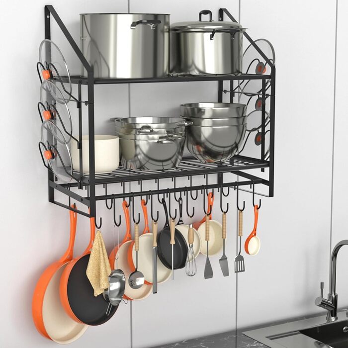 Hanging Pot Rack, 2 Tiers, Pots and Pans Organizer, Wall Mount, with 20 Hooks and 6 Lid Holders, Sturdy Steel Pot and Pan Hanger for Kitchen, Cookware, Utensils