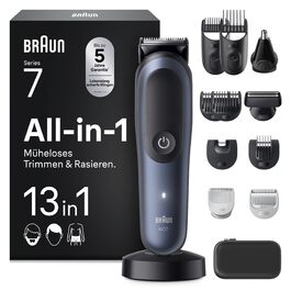 Braun Series 7 All-in-One AIO7545: Триммер для бороди, носа, волосся (13 в 1), сірий. Акумулятор 120 хв, 14 насадок (0.1-21 мм), водонепроникний