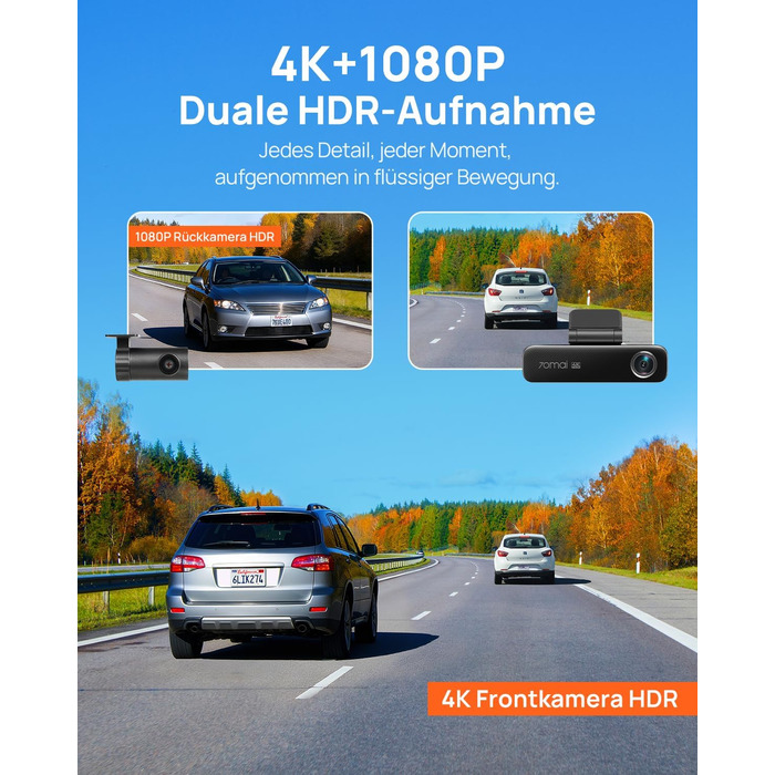 Автомобільний відеореєстратор 70mai M800 4K Dashcam (передній та задній), STARVIS 2 IMX678, нічна зйомка, Dual HDR, вбудована пам'ять 128 GB eMMC, GPS, 5 GHz WLAN, керування голосом