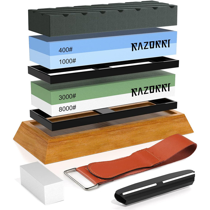 Набір алмазних точильних каменів Razorri (400/1000, 3000/8000 grit) з правильним каменем, кутовою наставкою, бамбуковою основою та шкіряним ременем для заточування та полірування металевих лез. Преміум-набір