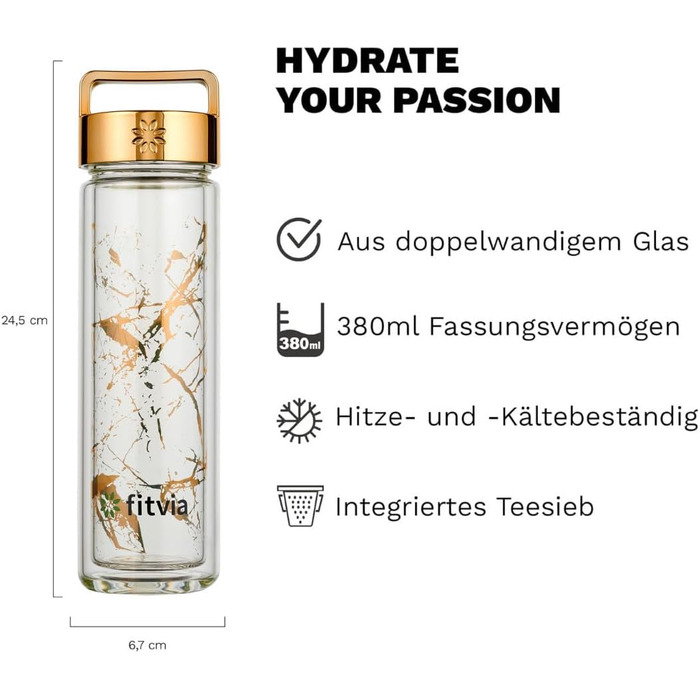 Термопляшка Fitvia 380 мл з подвійними стінками, мармуровий дизайн, сито для чаю, зручна ручка (Золотий мармур)