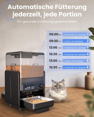 Автомат годівлі для котів з керуванням через додаток, для 2 котів, регульована висота, 2 миски, 5 л, з функцією запису голосу та таймером
