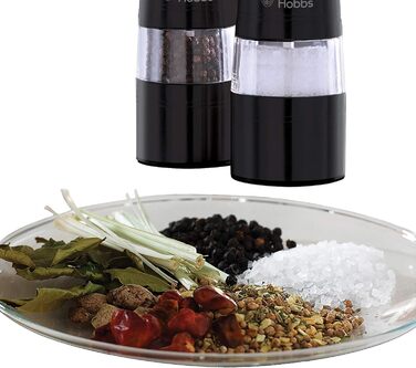 Електричні млини для солі та перцю Russell Hobbs 28010-56, керамічний механізм, чорні, набір 2 шт, для спецій і трав, регульований помел, LED підсвітка