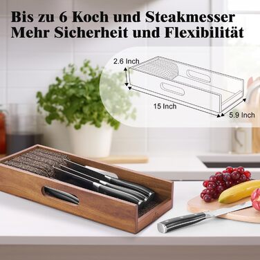 Knife Block Drawer, Knife Holder Drawer with Cork Dividers, Acacia Wood Kitchen Knife Organizer Drawer, Knife Drawer Insert for Drawers or Countertop