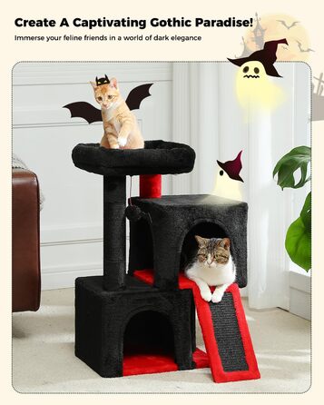 PETEPELA Scratching Post with Dual Condos for Apartment Cats, All-in-One Cat House with Padded Perch, Scratch Ramp & Post, and Replaceable Balls (Black, S 77cm)