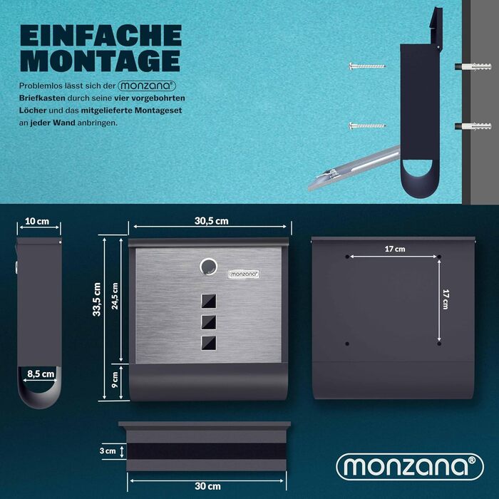 Поштовий ящик Monzana Kreuzschloss з мідним циліндром, поворотна кришка 31x10x34 см, вікно, табличка для імені, відділення для газет, сталь, 2 ключі, чорно-срібний
