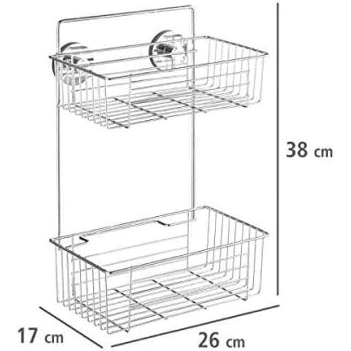 WENKO Vacuum-Loc 2-Tier Shelf, Bari, Wall Shelf for Bathroom and Kitchen, Drilling-Free Mounting with Vacuum, Chrome-Plated Metal, 26 x 38 x 17 cm