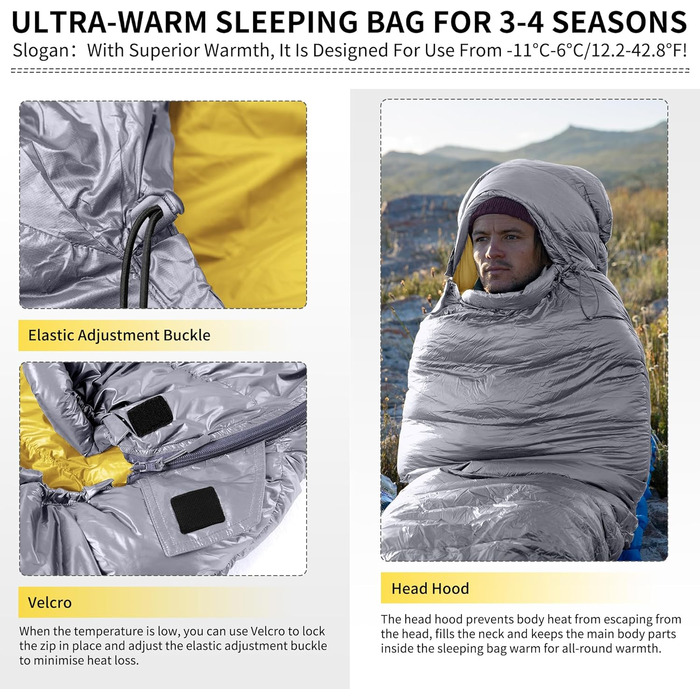 Спальний мішок Naturehike 4 сезони, Mumienschlafsack, зимовий, водовідштовхуючий, компактний, для кемпінгу, подорожей, відпочинку на природі (сірий L)