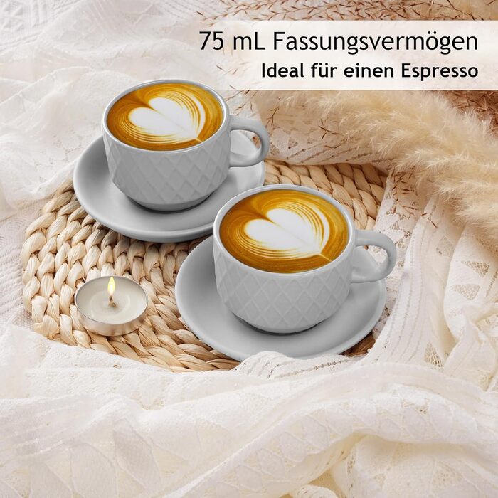 MIAMI – 6 x 75 ml Espresso Cups/Espresso Cup Set with Stand Stoneware Ceramic - Palmanova Collection (White)
