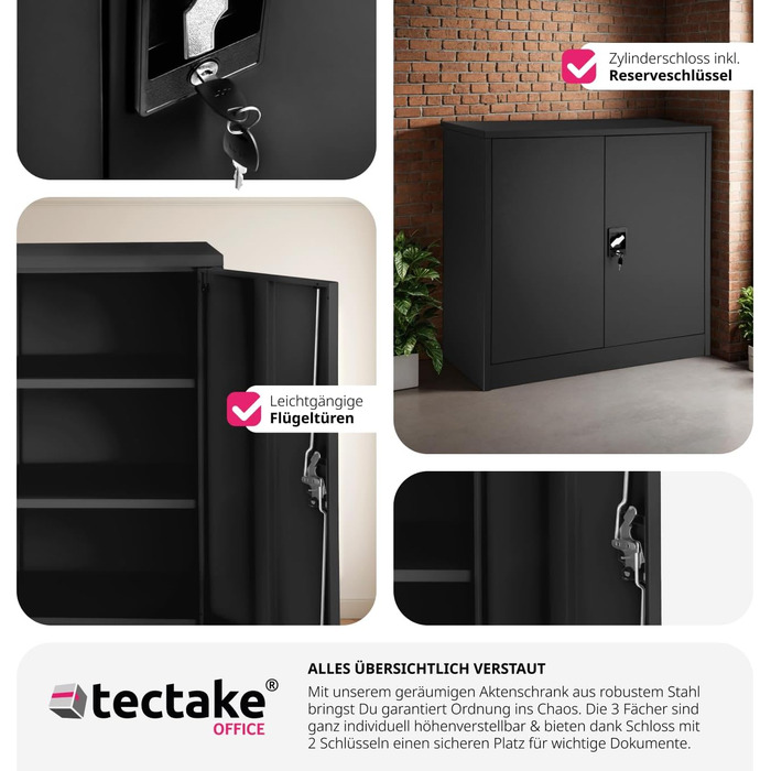 Металевий офісний шафа Tectake з замком, 3 полиці, 90x40x90 см, чорний