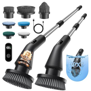 Електрична щітка для чищення Leebein Spin Scrubber: водонепроникна (IPX7), з телескопічною ручкою, 7 насадками та 2 швидкостями для ванної, підлоги та кухні, чорна