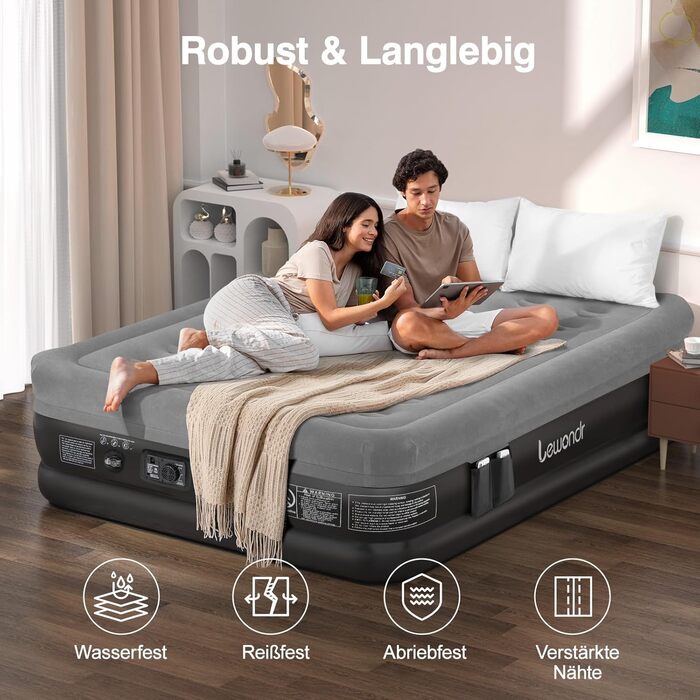 Надувне ліжко Lewondr на 2 особи з вбудованим насосом, 203x152x46 см, сірого кольору. Комфортна повітряна матрац для дому, відпочинку, кемпінгу та гостей. Максимальне навантаження 300 кг.