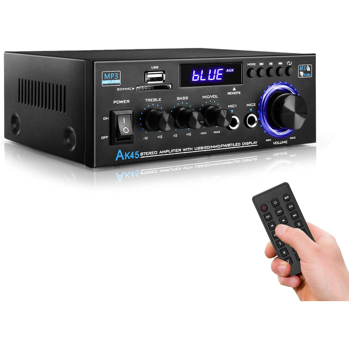 KKMOL AK45 Міні Hi-Fi стерео підсилювач Bluetooth, 400 Вт, 2-канальний, цифровий аудіо підсилювач з USB, SD, радіо, пультом, 12V/220V