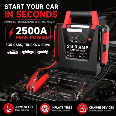 Пусковий пристрій для авто 2500A з компресором 150 PSI, бустер акумулятора 12V для вантажівок та SUV (до 8.0L), Powerbank 20000mAh з ліхтарем 500LM, чорний