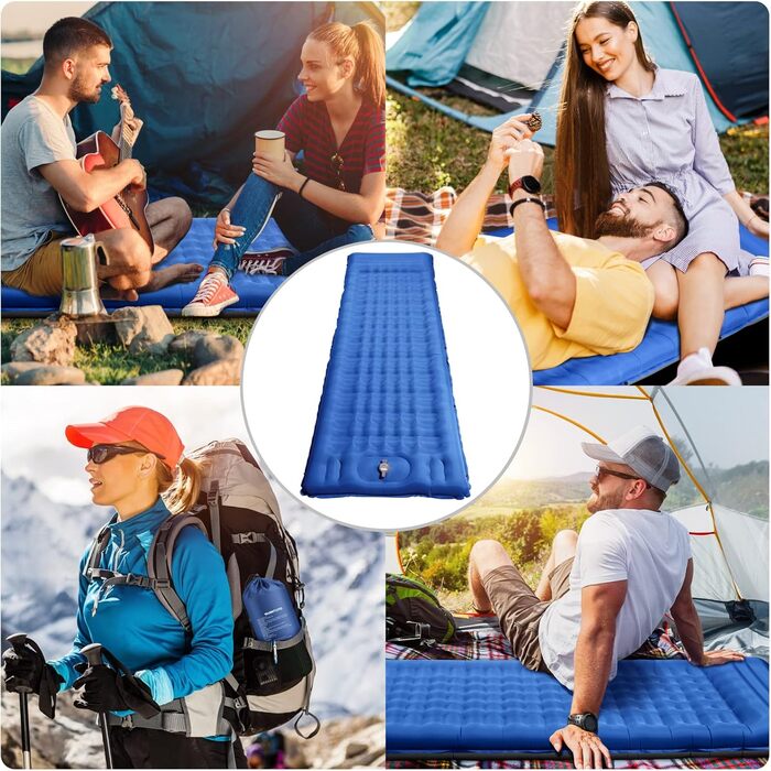 Isomatte Camping Mat - Self-Inflating Sleeping Pad, 12cm Thick, Compact, Waterproof Air Mattress with Foot Pump & Pillow, Anti-Ripstop Sleeping Mat for Hiking & Beach - Blue