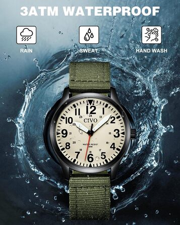 Чоловічий годинник CIVO водонепроникний, аналоговий кварц, великі цифри, світловий, військовий стиль, спортивний, для активного відпочинку, легко читати, подарунок (корпус з нейлону, колір B-1 зелений/кремовий)