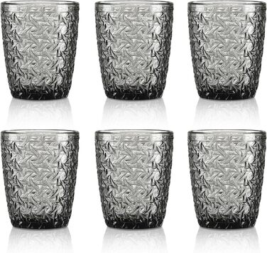 Joeyan 300 ml Gray Water Glasses with Embossed Design, Modern Drinking Glasses Juice Glasses Tumblers, Dishwasher-Safe Glasses Set of 6
