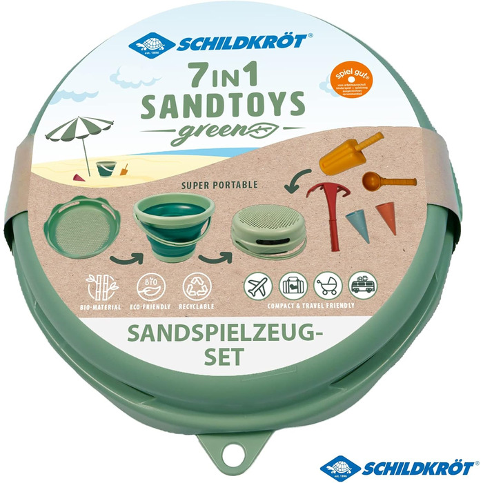 Schildkröt® 7in1 Sand Toys Set in Bio-Quality: Innovative sand-playing set with 6 tools made from sugar cane for digging, shaping, sifting, and raking, foldable 3-liter bucket