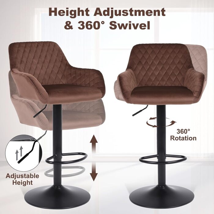 Ralex Adjustable Swivel Bar Stools 2-Pack - Velvet Upholstered Counter Height Stools with Backrest & Armrests for Kitchen, Bar & Countertops (Brown)