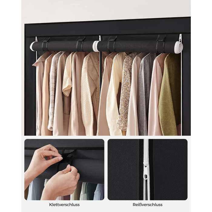 SONGMICS Storage Cabinet, Portable, with Hanging Rod, Foldable, Wardrobe, Bedroom, Office, 140 x 43 x 174 cm, RYG02GY (Black)