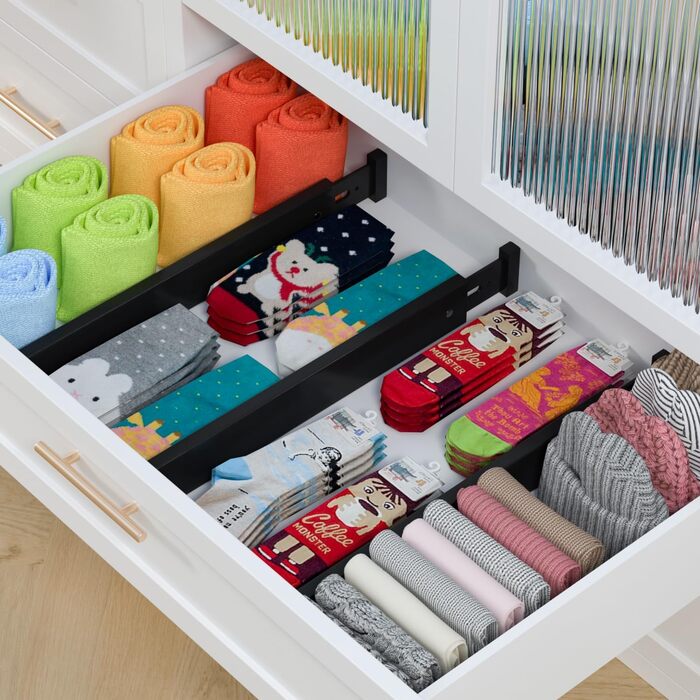 Ruichang 4-Piece Bamboo Drawer Dividers Adjustable (44-55 x 1.5 x 5.7 cm, Black), Drawer Dividers for Kitchen, Drawer Organizers for Kitchen Drawers