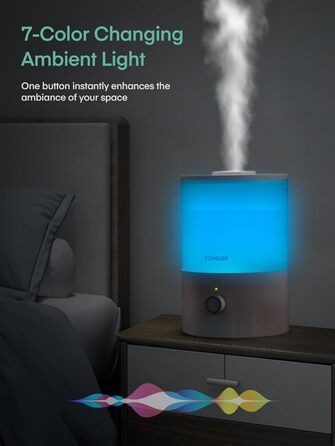 Ультразвуковий зволожувач повітря FOHERE 3.2L для спальні та дитячої кімнати, з верхнім заливом, холодною парою, функцією дифузора ефірних олій, 7-кольоровою підсвіткою, тихий, BPA-free, білий