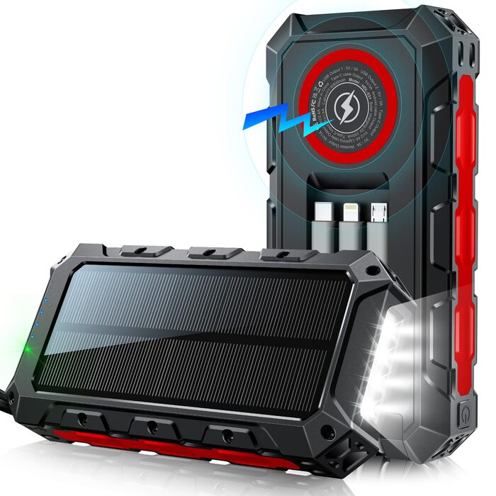 Power Bank 52800 mAh Red з сонячною зарядкою, бездротовою зарядкою, водонепроникний, 5 виходів, 3 входи, ліхтарик, карабін, QC 30W та USB C PD 20W для мобільних телефонів