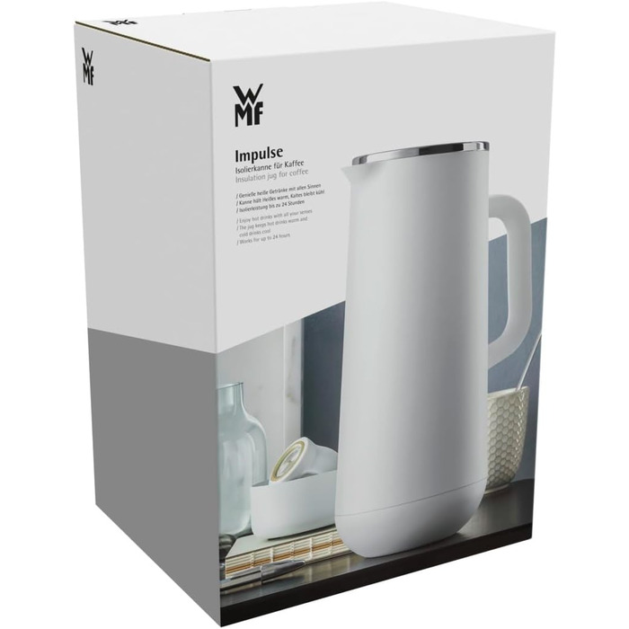WMF Impulse Thermoskanne 1l, Insulated Carafe for Coffee or Tea, Twist-Lock Closure, Keeps Drinks Cold and Warm for 24h, Thermos for Coffee or Tea, White, Stainless Steel, Plastic