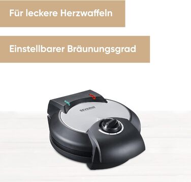 Severin Black Line Heart Waffle Maker - PFAS-Free Coating, Indicator Light, Cord Storage, 1000W