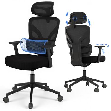 Ергономічне крісло для офісу та геймінгу з регульованою підголівником та 3D підлокітниками, підтримкою попереку, чорне