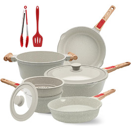 Набір посуду AIKENBBKK 10 предметів: сковороди з кришкою 20, 24, 28 см, каструля з ручкою 18 см + пароварка, каструля 4.7 л, антипригарне покриття, знімний ручка (білий)