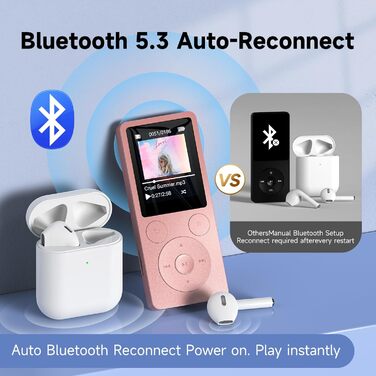 MP3 плеєр 32GB з Bluetooth 5.3 та вбудованим динаміком, FM-радіо, диктофон, HiFi-звук, розширювач пам'яті до 128GB, рожевий
