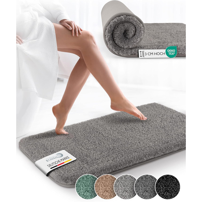 Beautissu Non-Slip Bath Mat - 120x70 cm - Plush Shaggy Rug for Bathroom - Washable, Grey - BeauMare FL