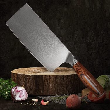 Ніж кухарський Дамаск Шарф: професійний ніж для м'яса з дамаської сталі, ручна робота, з антиковзним дерев'яним руків'ям, у подарунковій коробці