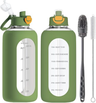 2 Liter Glass Water Bottle, 2L Glass Bottle, Glass Water Bottle with Straw, Bottle Brush, (Green)