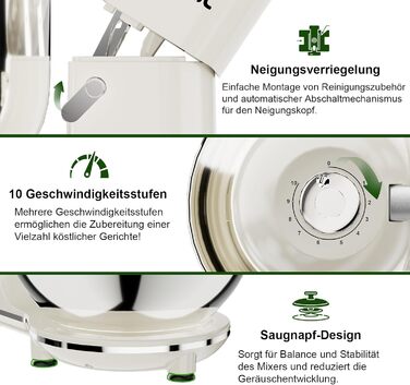 Кухонний комбайн-міксер Camic 2000W, чаша з нержавіючої сталі 7л, 10 швидкостей, набір насадок та захист від бризок, білий