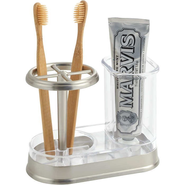 mDesign Toothbrush Holder - high-quality toothbrush cup made of plastic for bathroom sink or vanity - practical holder for toothbrushes and toothpaste - white and matte silver (Transparent/Brushed)