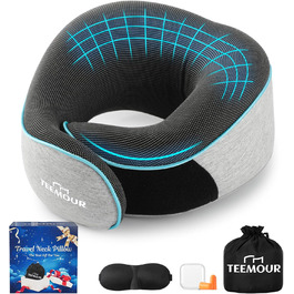 Подушка для шиї у літак Memory Foam з підтримкою 360°, набір для подорожей (очна маска, навушники, чохол), сіра