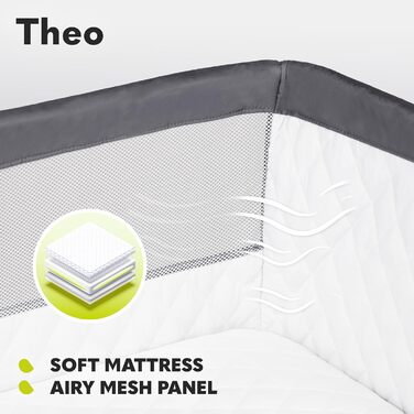 Lionelo Theo 2in1 Baby Cot, Travel Cot for Baby, Crib for Baby from Birth up to 9 kg, Height Adjustment, Recline Adjustment, Foldable Side Rail, Mattress, Mosquito Net (Dark Grey) Dark Grey 1 Piece (1-Pack)