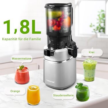 AMZCHEF Automatic All-in-One Juicer, 135MM Opening and 1.8L Juicer for Vegetables and Fruit, 250W Juicer Slow Juicer Test Winner with Triple Filter - Silver