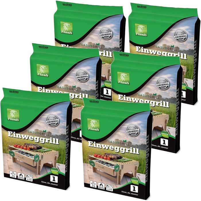 Sustainable Premium Lava Stone Disposable Grill - 6 Pieces including Starter Aid - 60 Minutes Grill Time - Wood, Bamboo, Charcoal (6)