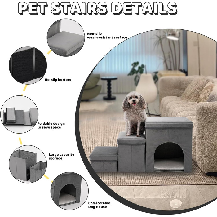 Сходинки для собак на 3 сходинки, 44 см, з місцем для зберігання. Підходить для маленьких собак та котів, зручні для літніх тварин (сірий)