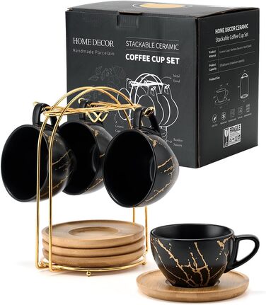 Набір керамічних чашок капучино HOME DECOR 4 шт., 220 мл, з металевим підставкою. Підходять для капучино, лате, американо та чаю. Чорний та білий дизайн