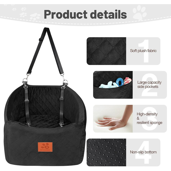 Автокрісло для собак HEGGOOE, чорне, для малих та середніх порід, з memory foam, знімний, з кишенями та страхувальними ременями