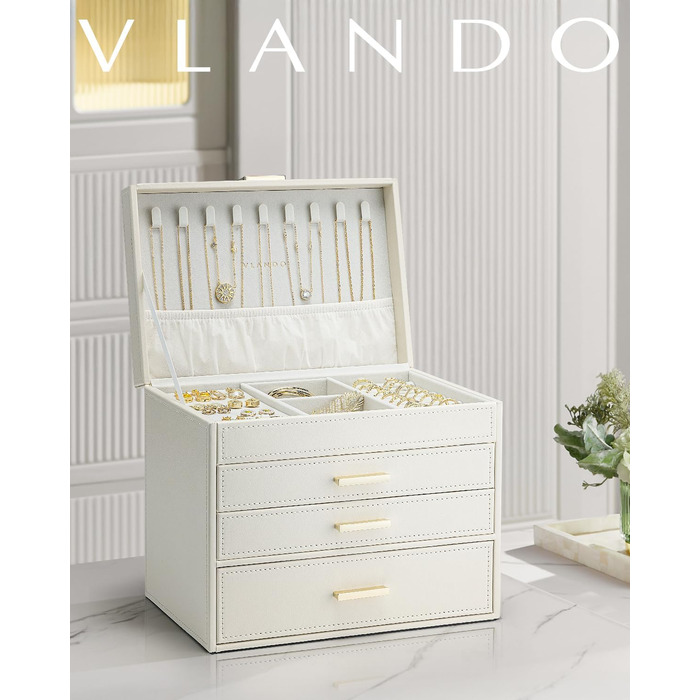 Шкатулка для прикрас Vlando Modern Beige з 6 ярусами, дзеркалом та відділеннями для годинників, органайзер для ювелірних виробів, подарунок для жінок