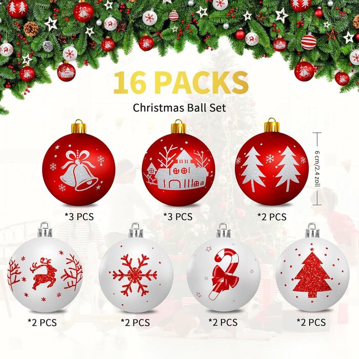 Шарм-кулі для ялинки з пластику, 16 шт. Червоні та білі прикраси для ялинки з стрічкою, декор до Різдва