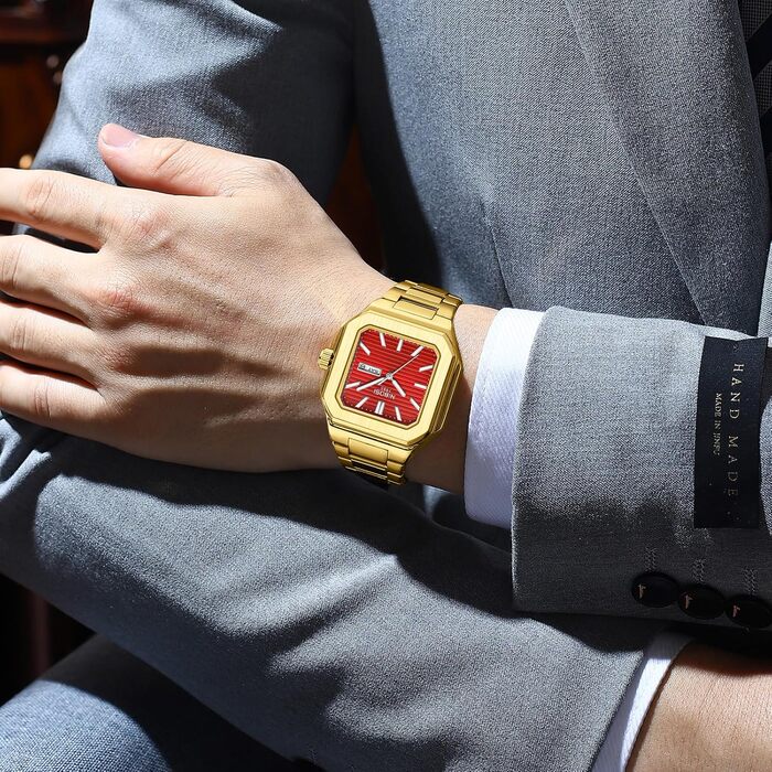 Годинник чоловічий NIBOSI: кварцовий, з нержавіючої сталі, мілітарний стиль, водостійкий, класичний, квадратний, для бізнесу, золотий/червоний