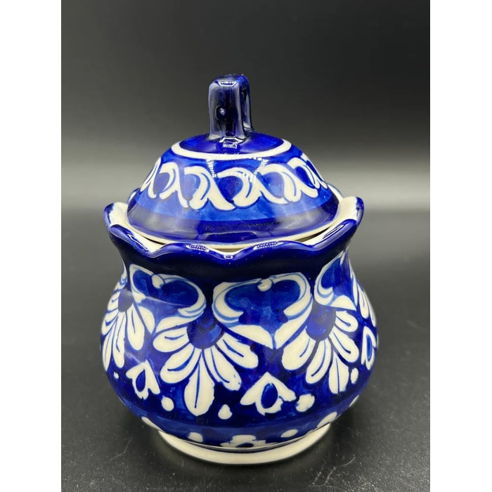 Blue Pottery Sugar Bowl – Hand-formed and painted, ceramic, handcrafted, floral pattern, 6 cm