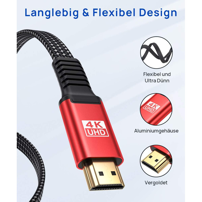 Кабель HDMI JSAUX 4K 3 метри: підтримка 4K@60Hz, HDR, UHD 2160p, Ethernet, ARC, для PS3/4, TV, PC (червоний)