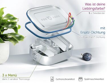 Stainless Steel Lunch Box Premium | Large 1200ml | 5 DEKO-colored rings + DualCham replacement seal = Leak-proof + 2 dividers = 3 compartments | Kids & Adults